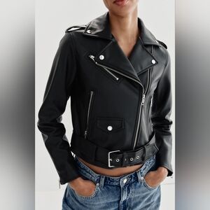 Zara Women's Black Faux Leather Biker Jacket